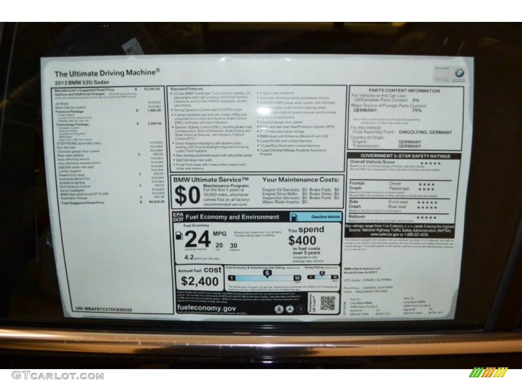 2013 BMW 5 Series 535i Sedan Window Sticker Photo #79793446