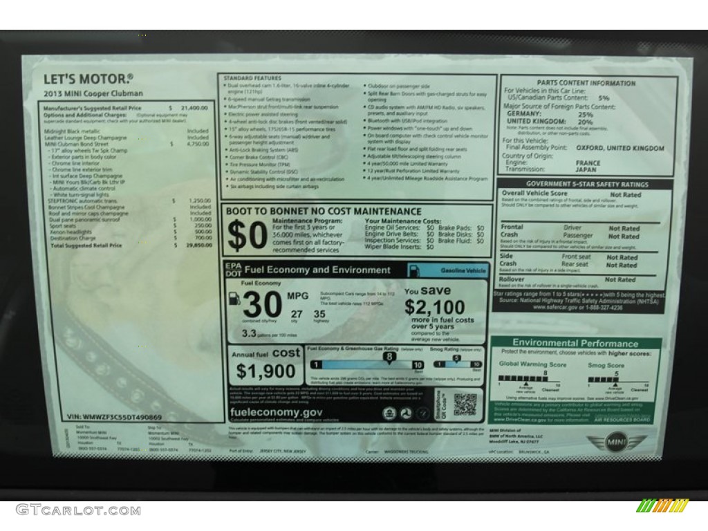 2013 Mini Cooper Clubman Bond Street Package Window Sticker Photo #79807051