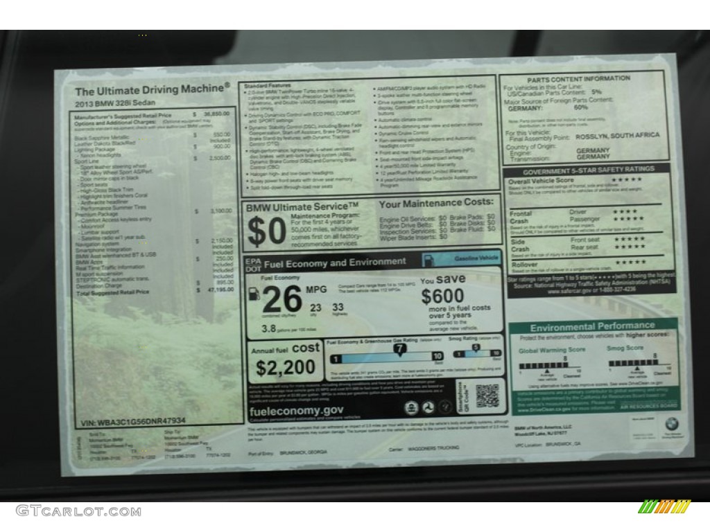 2013 BMW 3 Series 328i Sedan Window Sticker Photo #79807563