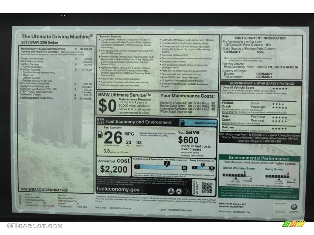 2013 BMW 3 Series 328i Sedan Window Sticker Photo #79807822