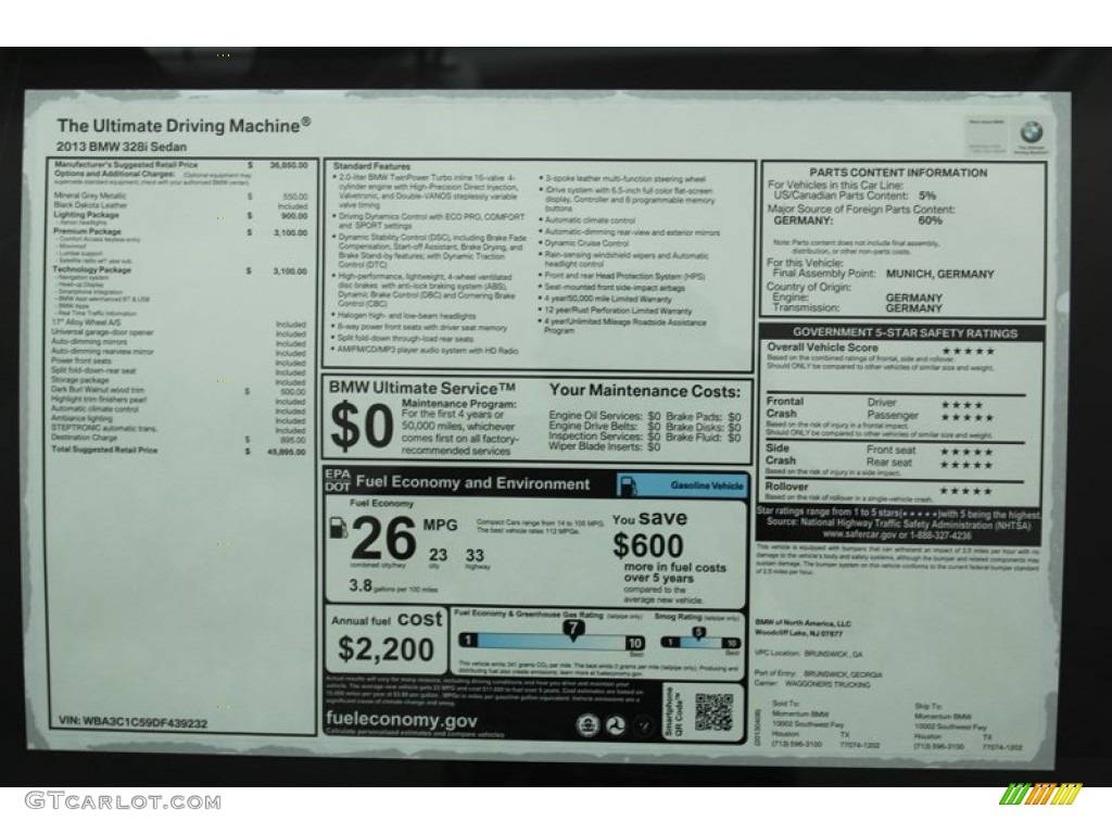 2013 BMW 3 Series 328i Sedan Window Sticker Photo #79808966