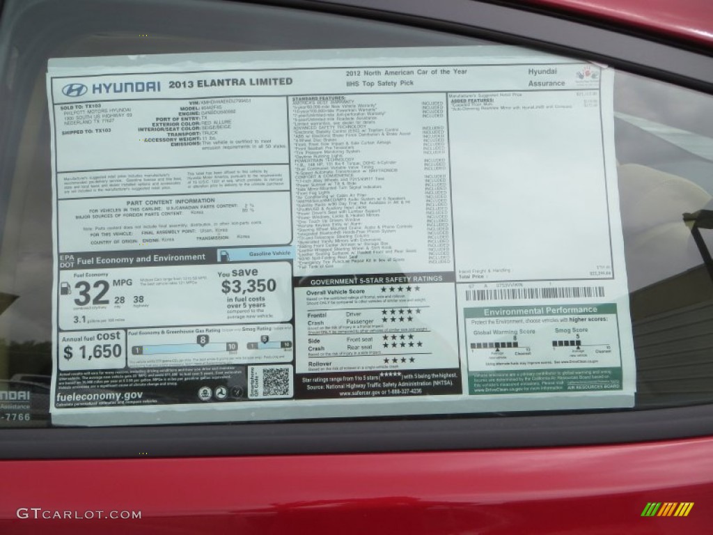 2013 Elantra Limited - Red Allure / Beige photo #36