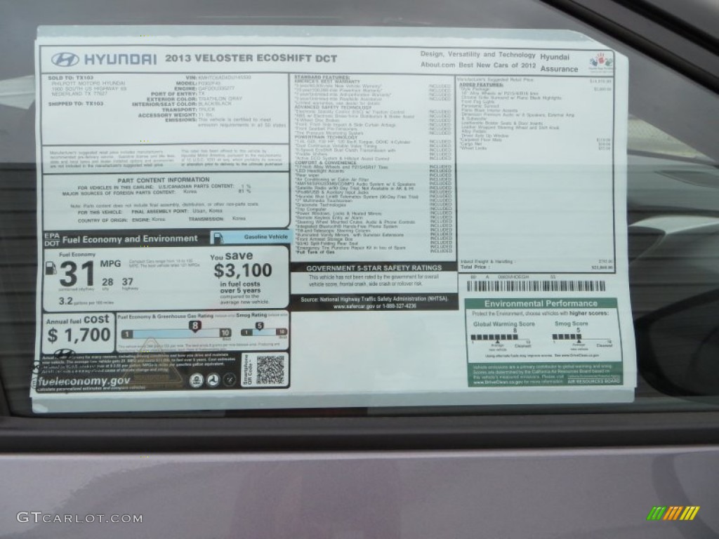 2013 Hyundai Veloster Standard Veloster Model Window Sticker Photo #79836081