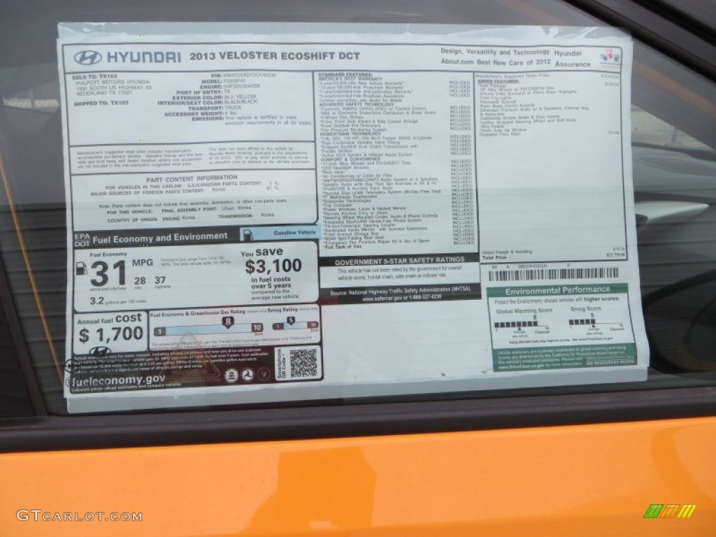 2013 Hyundai Veloster Standard Veloster Model Window Sticker Photo #79836688