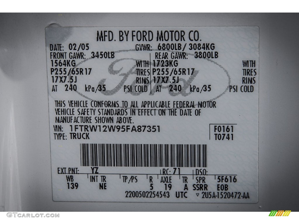 2005 Ford F150 XLT SuperCrew Color Code Photos