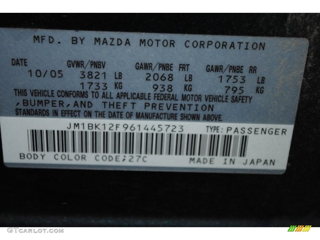 2006 MAZDA3 Color Code 27C for Nordic Green Mica Photo #79859524