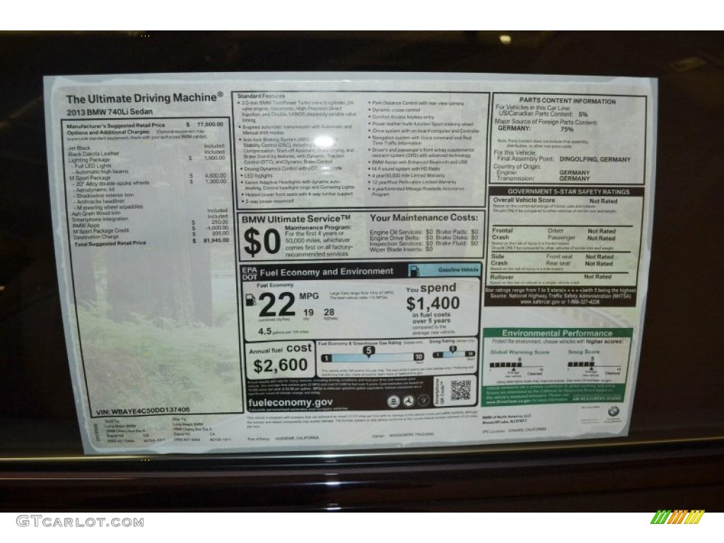 2013 BMW 7 Series 740Li Sedan Window Sticker Photo #79883523