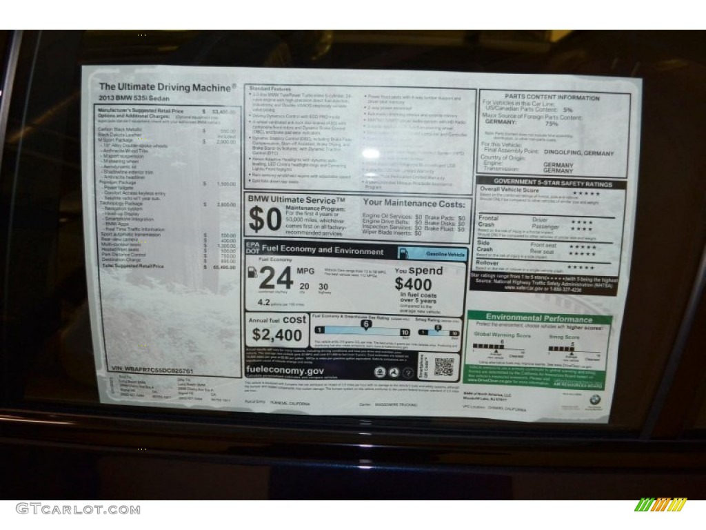 2013 BMW 5 Series 535i Sedan Window Sticker Photo #79884095
