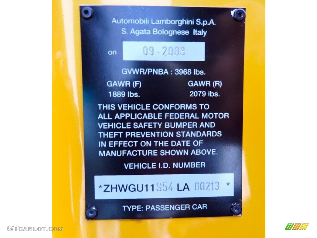 2004 Lamborghini Gallardo Coupe E-Gear Info Tag Photos