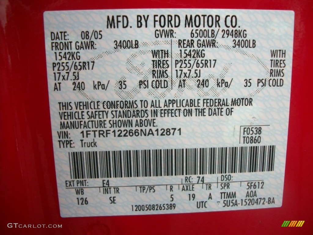 2006 F150 Color Code E4 for Bright Red Photo #79967506