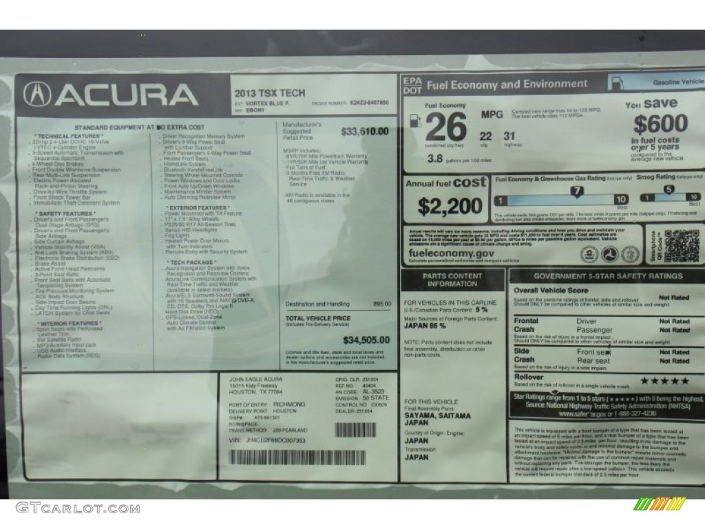 2013 Acura TSX Technology Window Sticker Photos