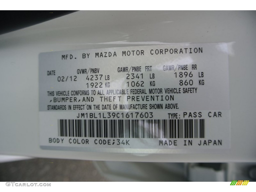 2012 MAZDA3 Color Code 34K for Crystal White Pearl Mica Photo #79981241