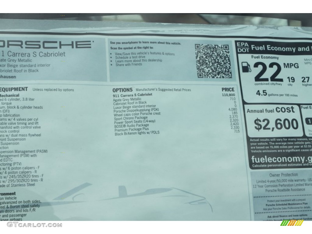 2013 Porsche 911 Carrera S Cabriolet Window Sticker Photo #79983924