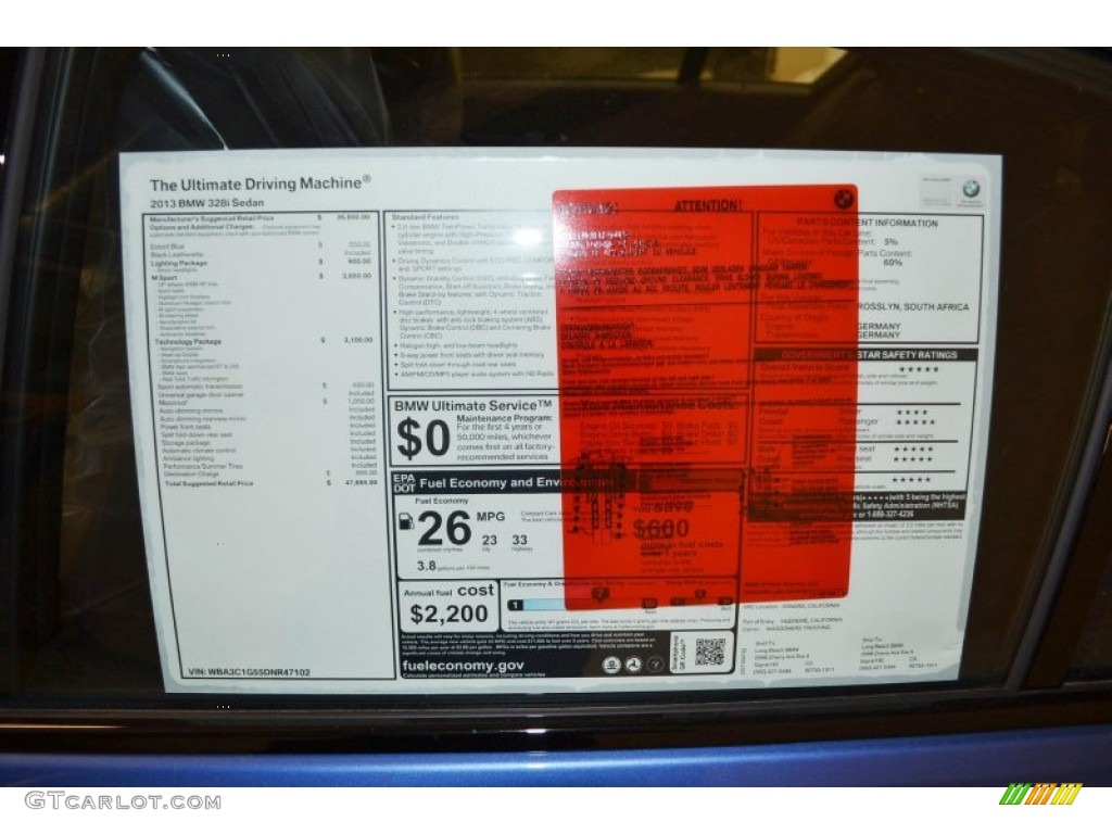 2013 BMW 3 Series 328i Sedan Window Sticker Photo #79989344