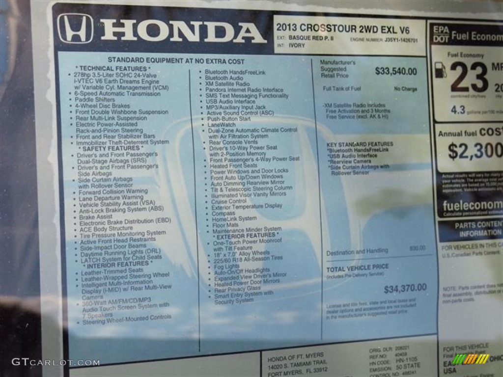 2013 Honda Crosstour EX-L V-6 Window Sticker Photo #80000078