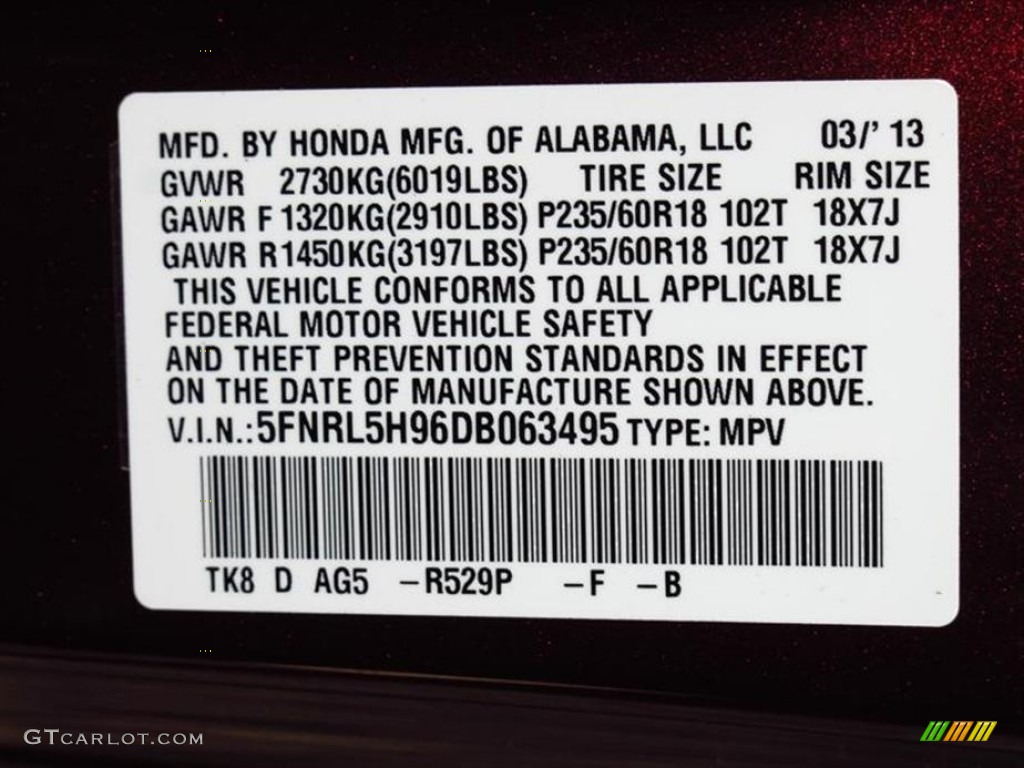 2013 Honda Odyssey Touring Color Code Photos