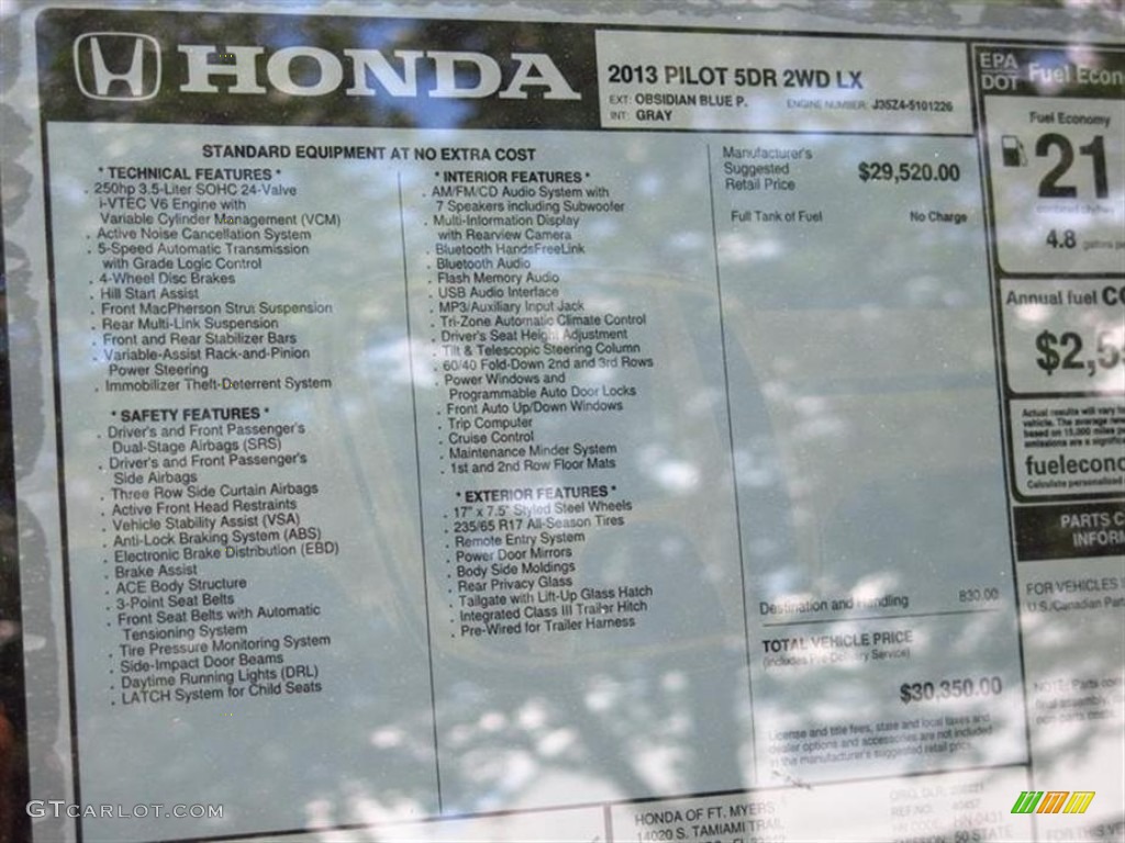 2013 Honda Pilot LX Window Sticker Photo #80011250