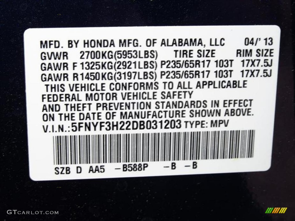 2013 Pilot Color Code B588P for Obsidian Blue Pearl Photo #80011268