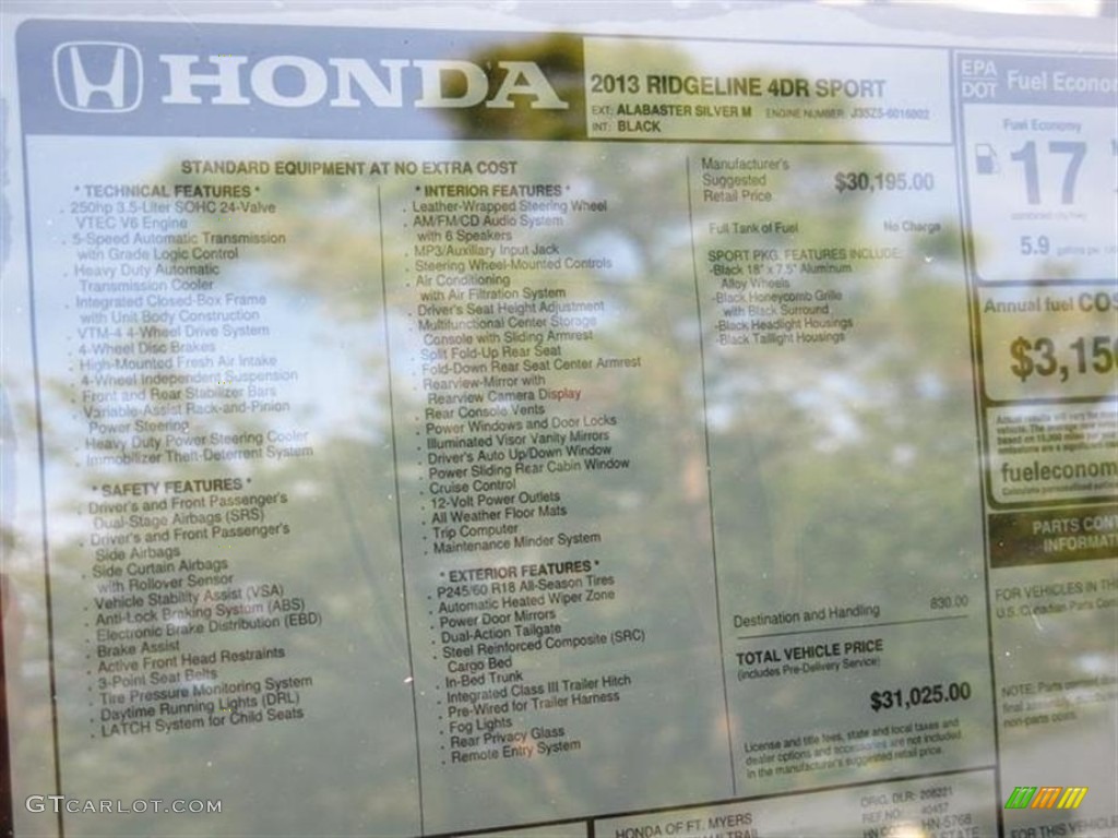 2013 Honda Ridgeline Sport Window Sticker Photo #80013146