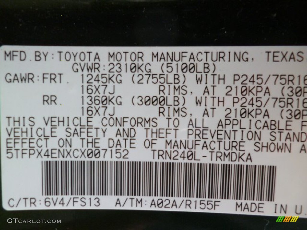 2012 Toyota Tacoma Regular Cab 4x4 Color Code Photos