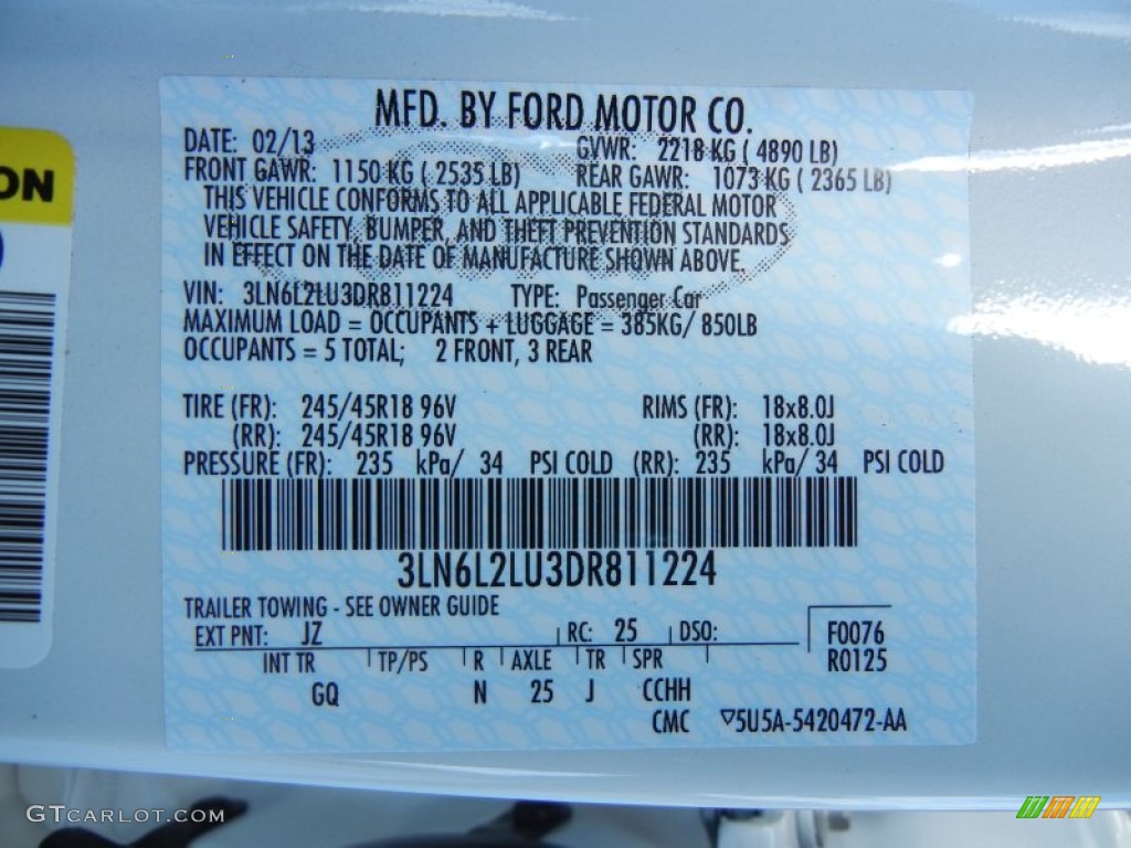 2013 Lincoln MKZ 2.0L Hybrid FWD Color Code Photos