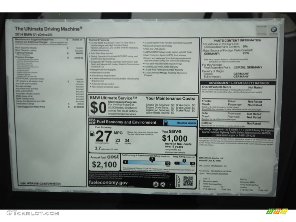 2014 BMW X1 sDrive28i Window Sticker Photo #80035313