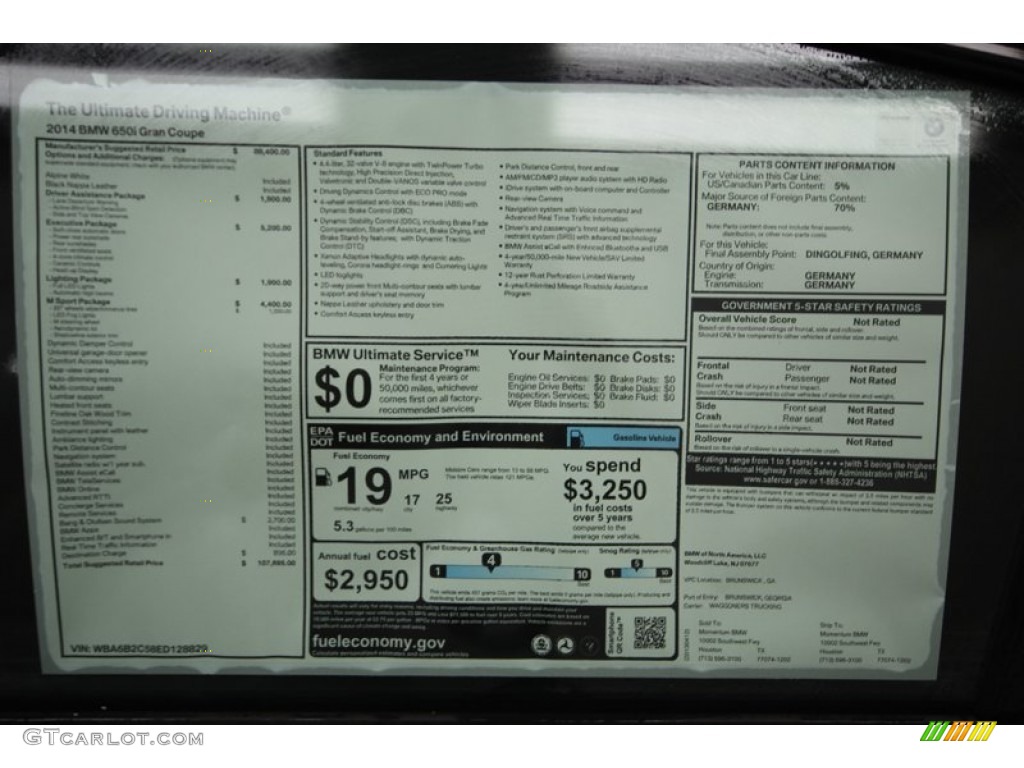 2014 BMW 6 Series 650i Gran Coupe Window Sticker Photo #80035532