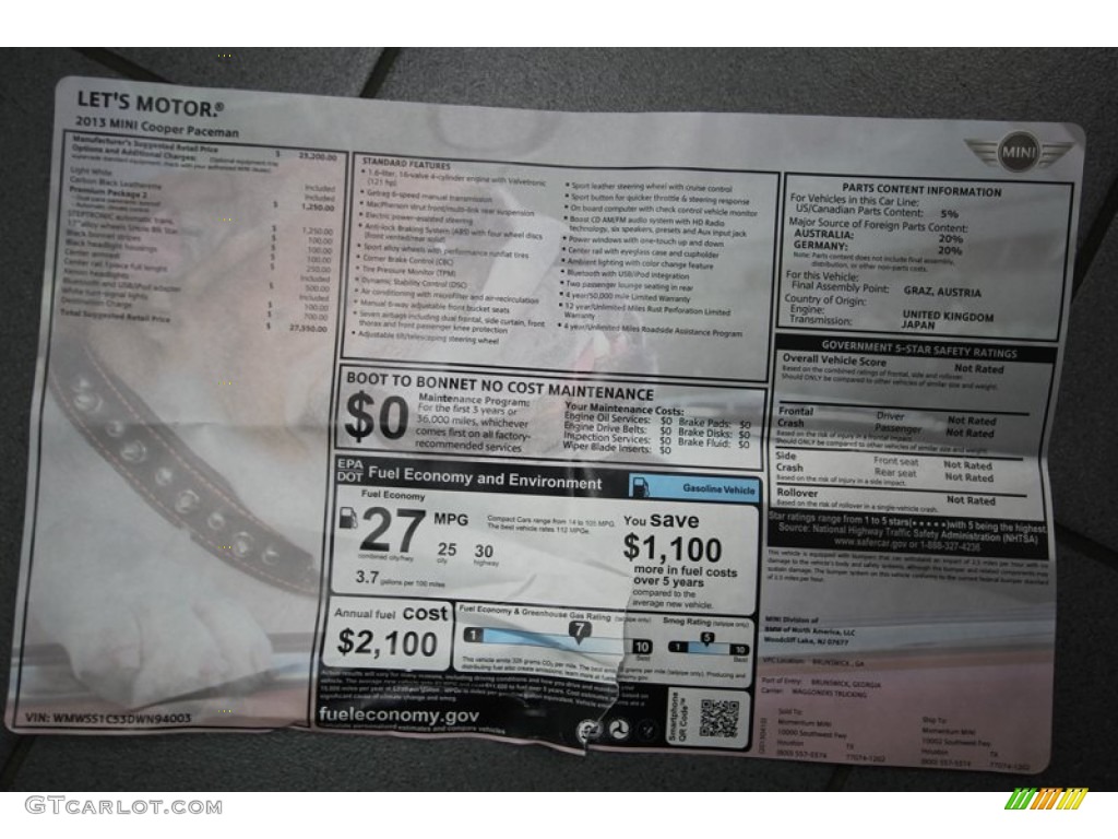 2013 Mini Cooper Paceman Window Sticker Photo #80036075