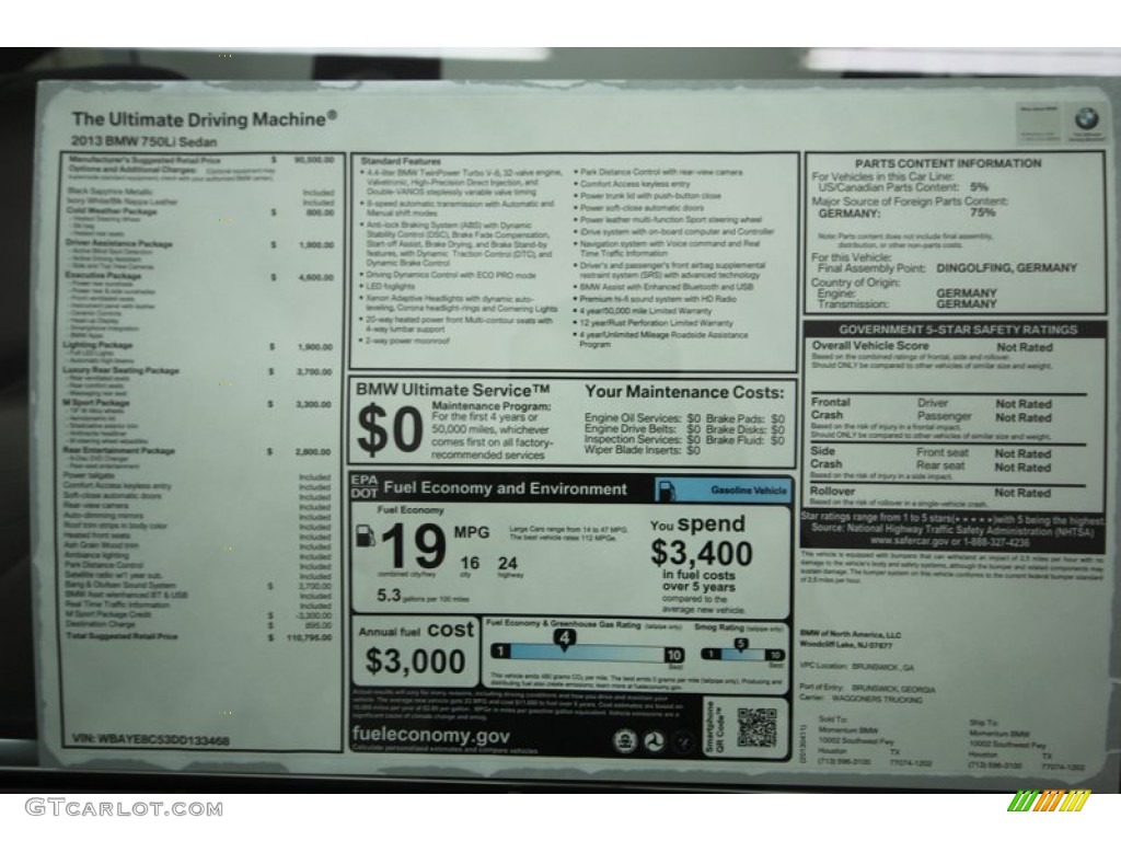 2013 BMW 7 Series 750Li Sedan Window Sticker Photo #80039589
