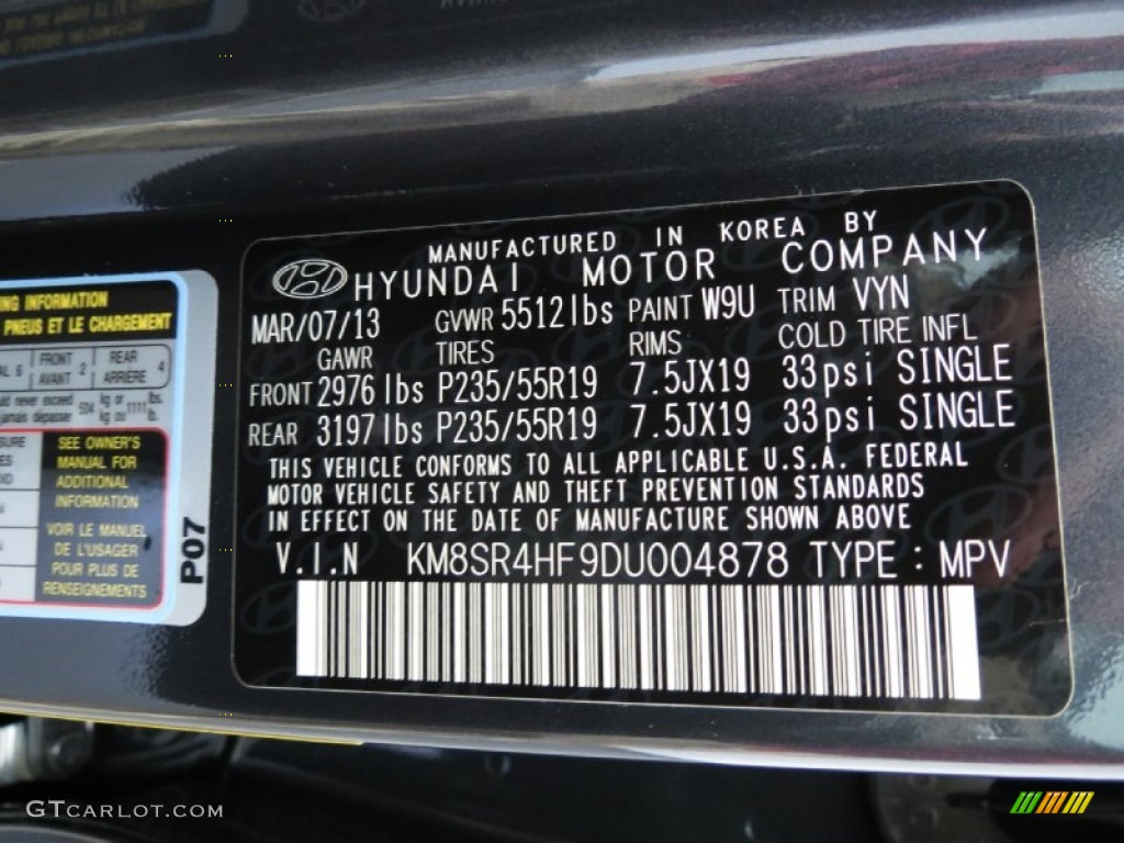 2013 Santa Fe Color Code W9U for Night Sky Pearl Photo #80079432
