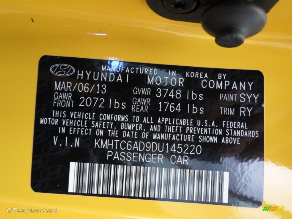 2013 Veloster Color Code SYY for 26.2 Yellow Photo #80080440