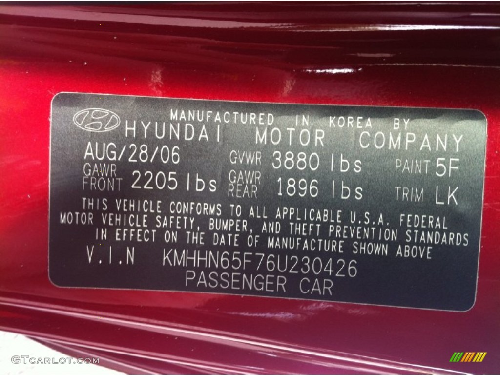 2006 Hyundai Tiburon GT Color Code Photos