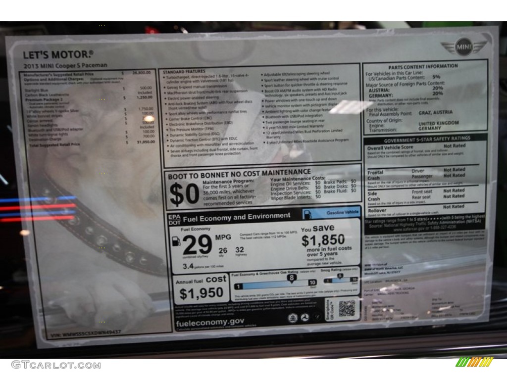 2013 Mini Cooper S Paceman Window Sticker Photo #80100689