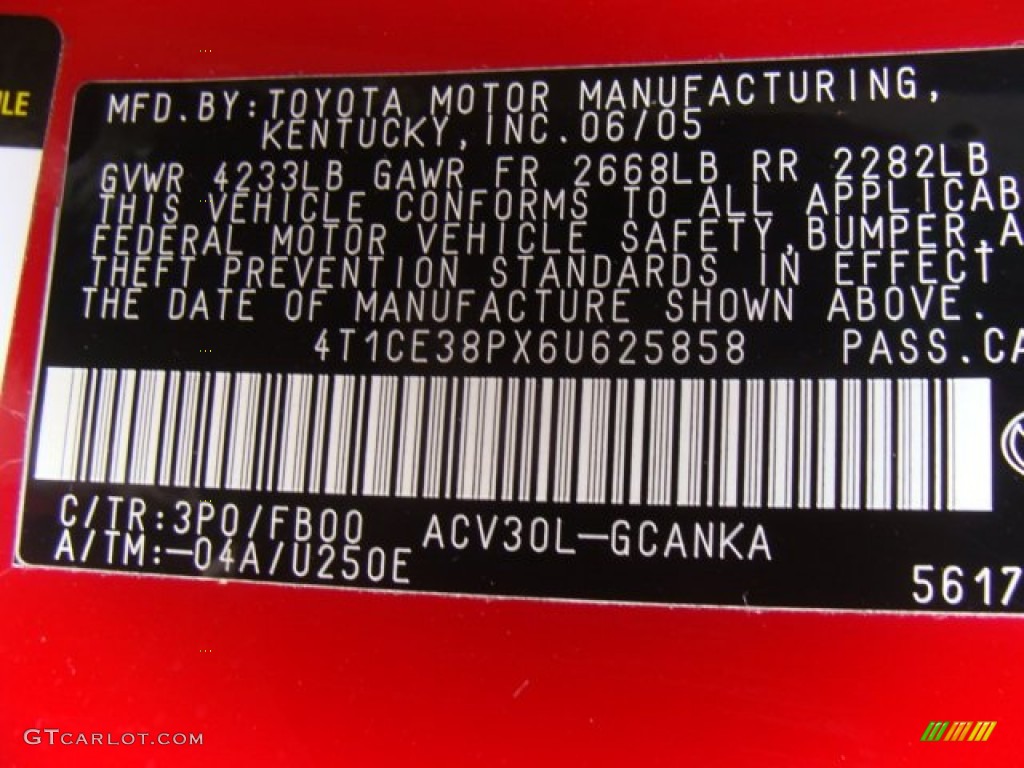 2006 Toyota Solara SE Coupe Color Code Photos