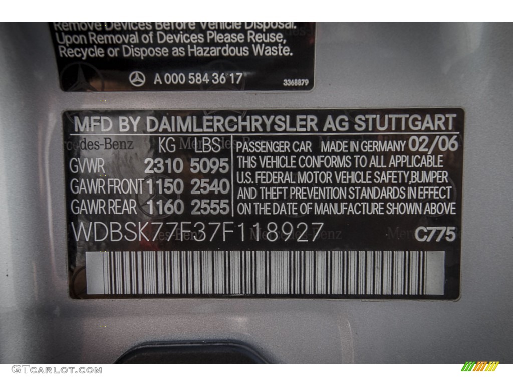 2007 SL Color Code 775 for Iridium Silver Metallic Photo #80147553
