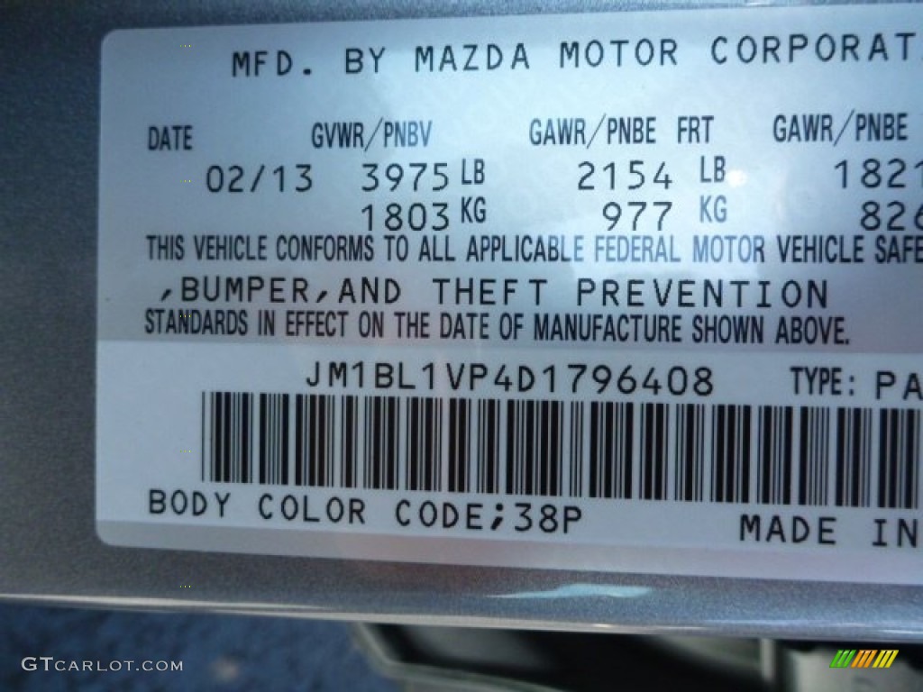 2013 MAZDA3 Color Code 38P for Liquid Silver Metallic Photo #80156701