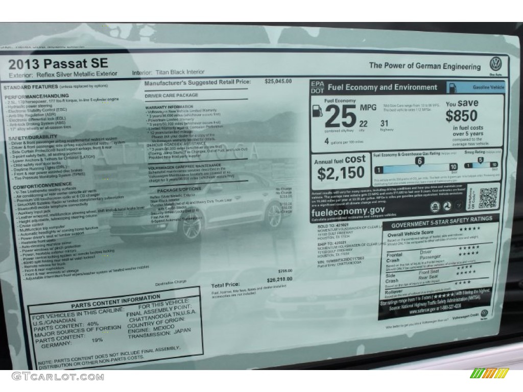 2013 Passat 2.5L SE - Reflex Silver Metallic / Titan Black photo #33