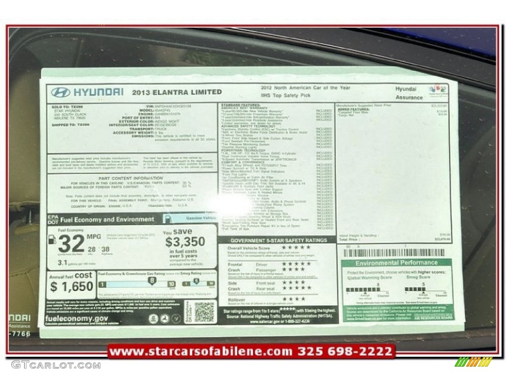 2013 Elantra Limited - Indigo Night / Beige photo #11