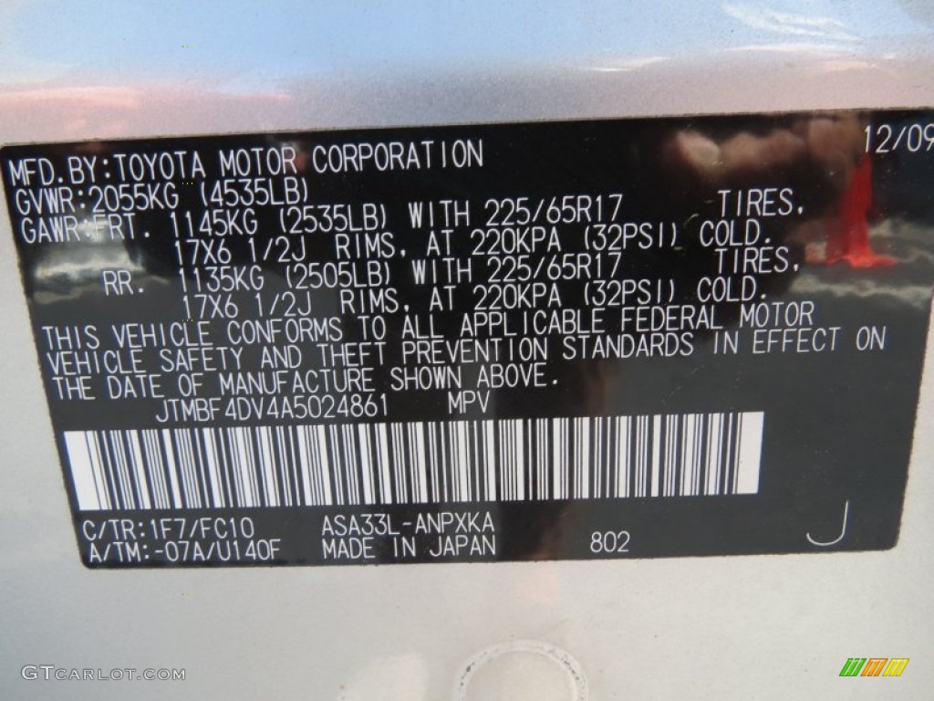 2010 RAV4 Color Code 1F7 for Classic Silver Metallic Photo #80167182