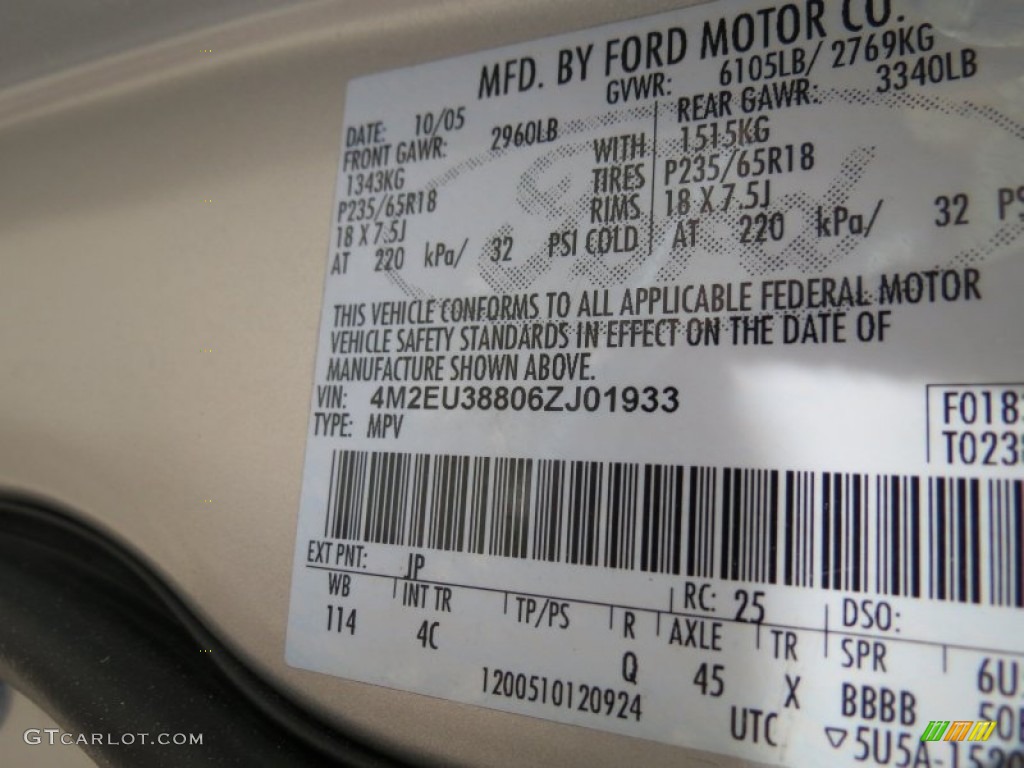 2006 Mercury Mountaineer Premier Color Code Photos