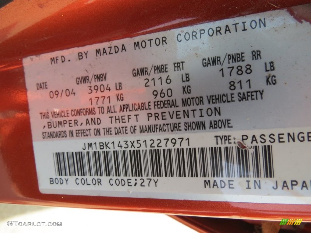 2005 MAZDA3 Color Code 27Y for Lava Orange Mica Photo #80185241