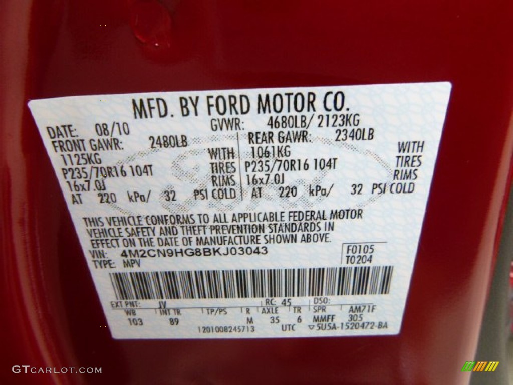 2011 Mercury Mariner Premier V6 AWD Color Code Photos