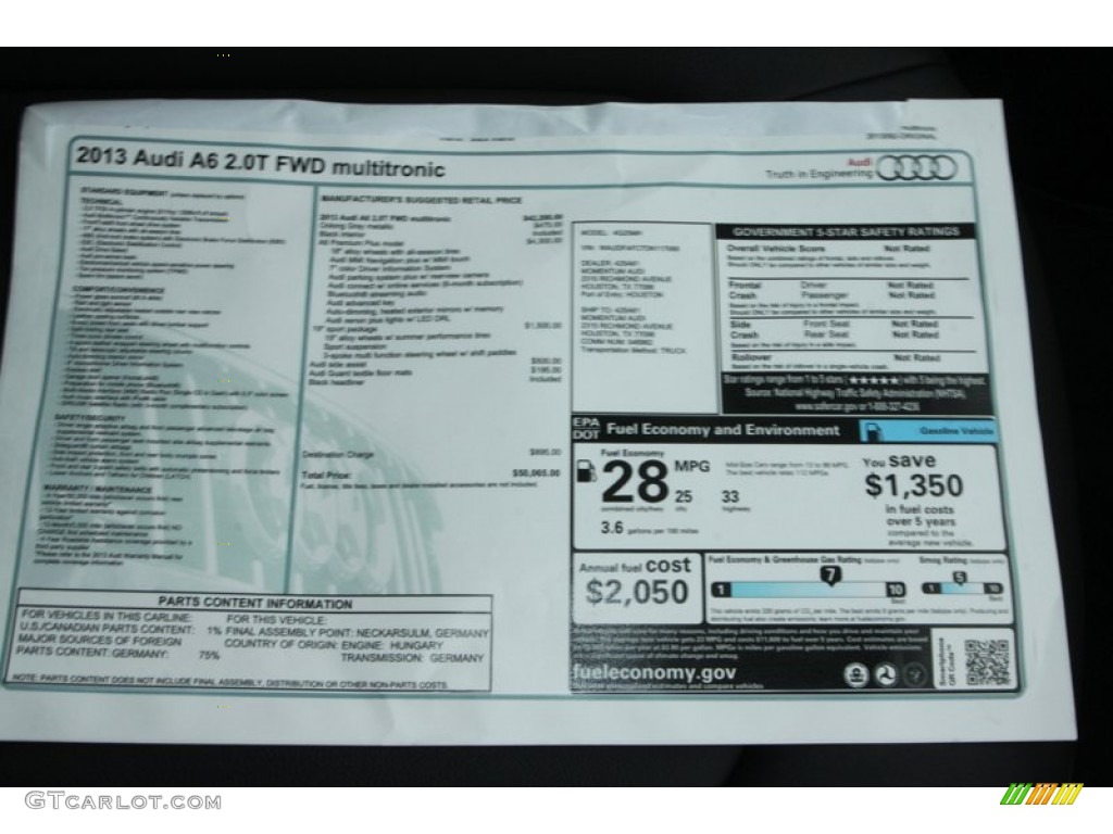2013 Audi A6 2.0T Sedan Window Sticker Photo #80255045