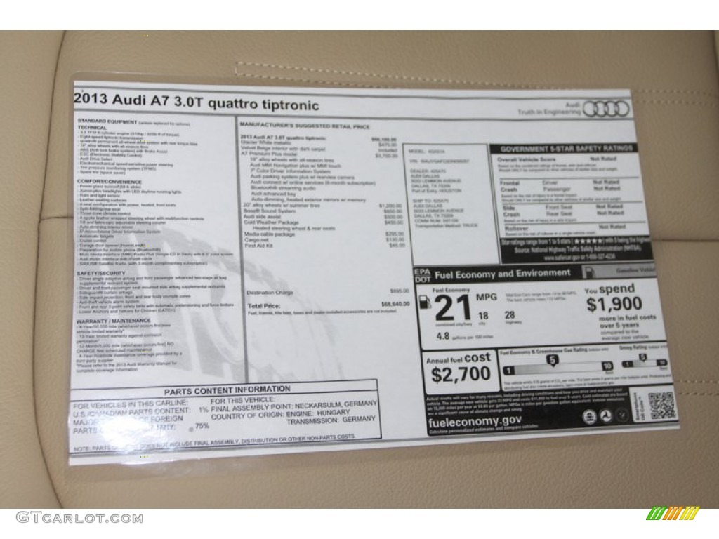2013 Audi A7 3.0T quattro Premium Plus Window Sticker Photo #80255456