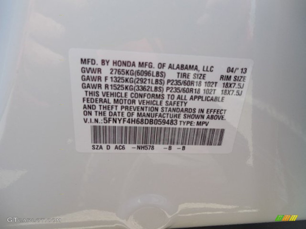 2013 Pilot EX-L 4WD - Taffeta White / Gray photo #9