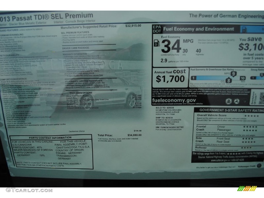2013 Volkswagen Passat TDI SEL Window Sticker Photo #80320238