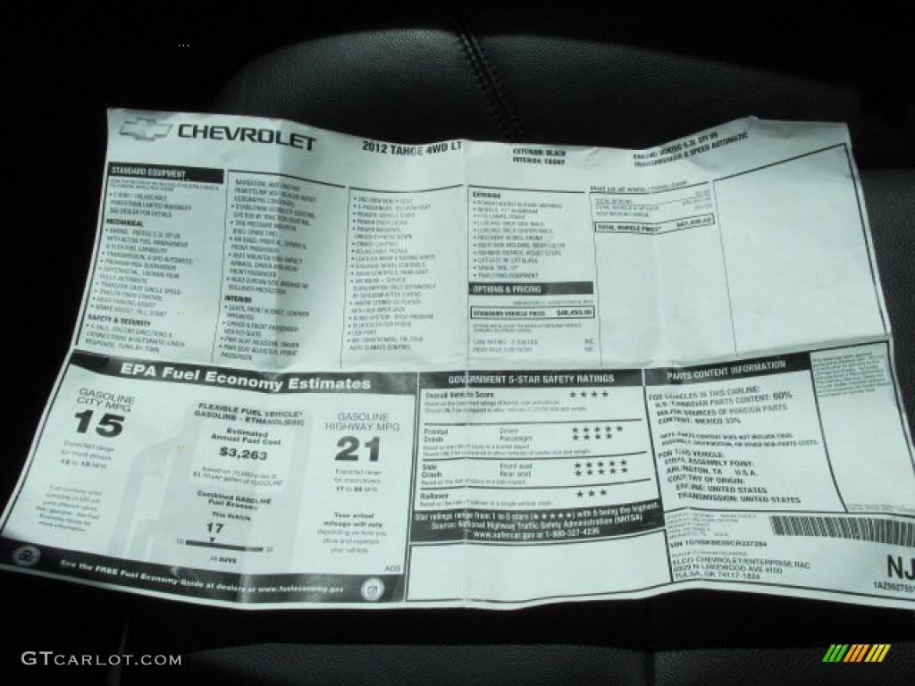 2012 Chevrolet Tahoe LT 4x4 Window Sticker Photo #80336993