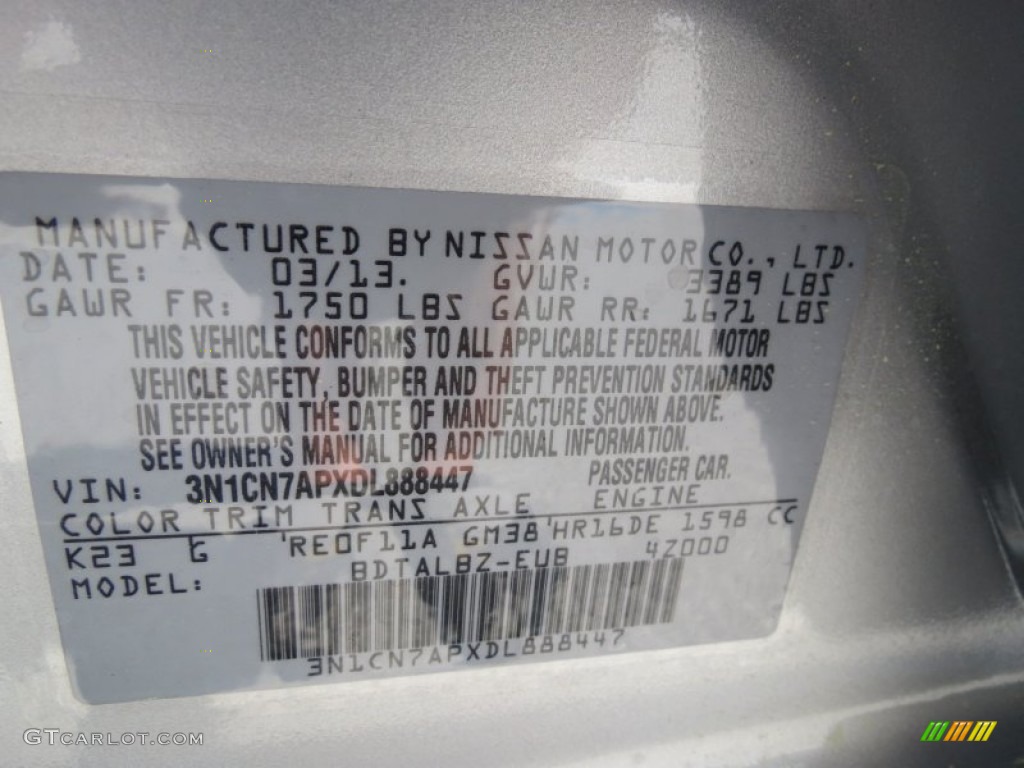 2013 Versa Color Code K23 for Brilliant Silver Photo #80340132