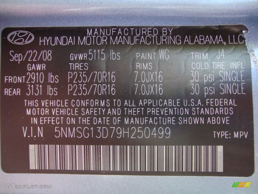 2009 Hyundai Santa Fe GLS Color Code Photos