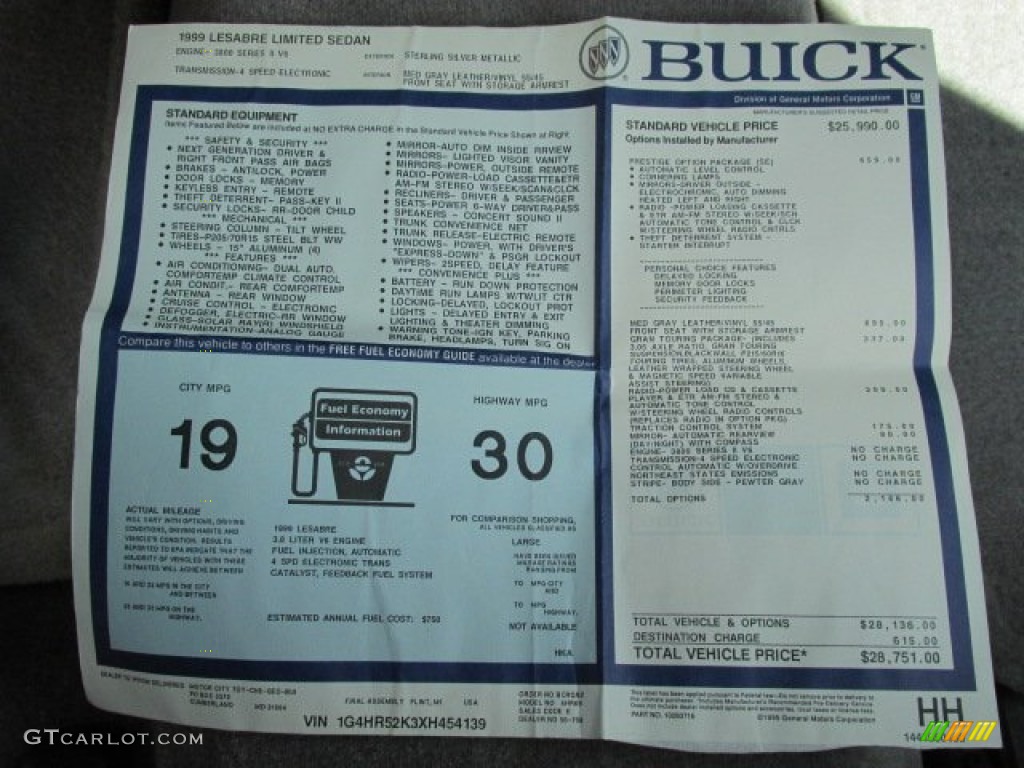 1999 Buick LeSabre Limited Sedan Window Sticker Photos